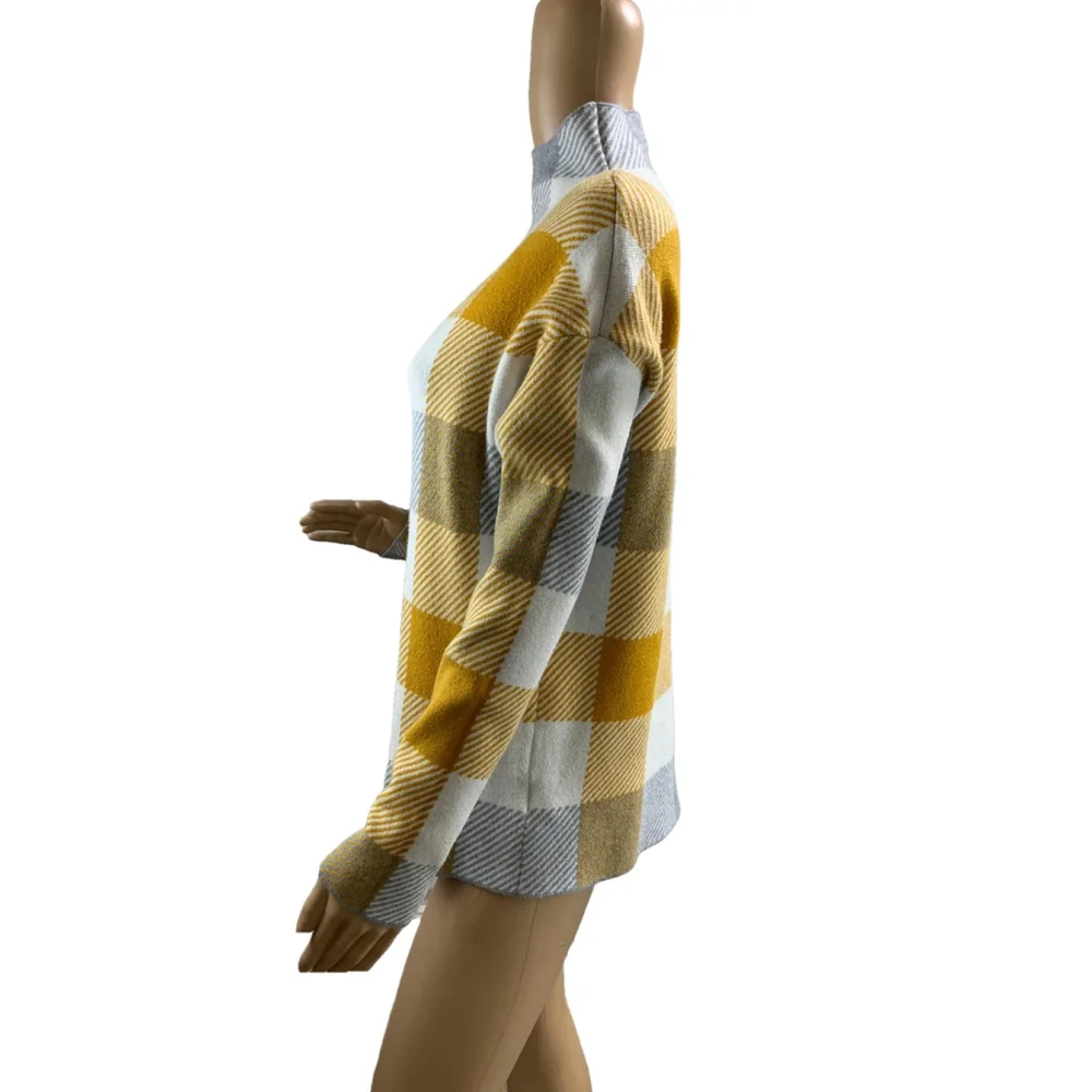 Tahari Womens Sweater Size Large Yellow Gray Plaid Mock Turtleneck Indie‎ Sleaze